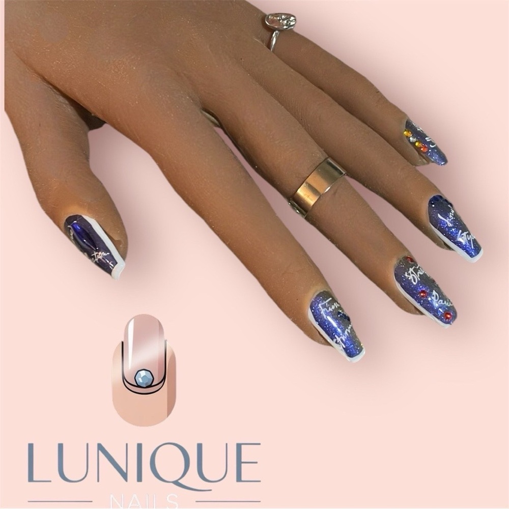 LuNique Press-On Nails 💅 Long Coffin | Statement Script + Rhinestones | Handmade